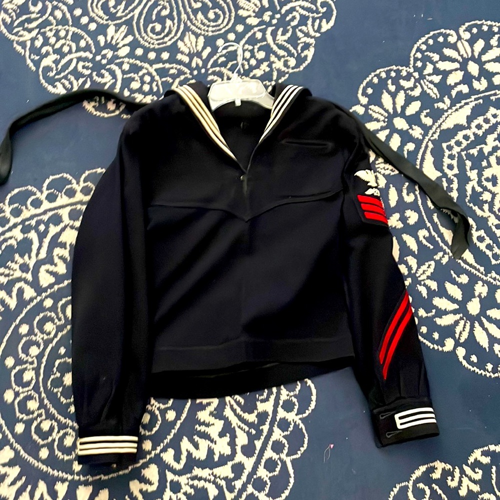 Wool Navy shirt and pants with tie, waist up to 30 X 32 1/2 length inseam